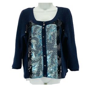 Free People Women’s Size L Angora Rabbit Wool Blend Cardigan Sweater Sequin Blue